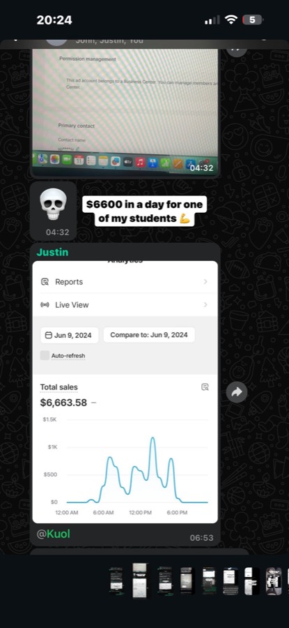 Shopify analytics showing $6,663.58 in total sales on June 9, 2024